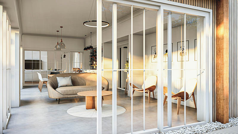 3D architectural rendering of a modern home