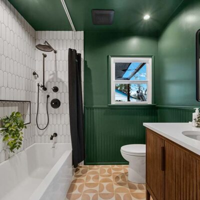 A remodeled bathroom with plants above the bathtub and hunter green walls