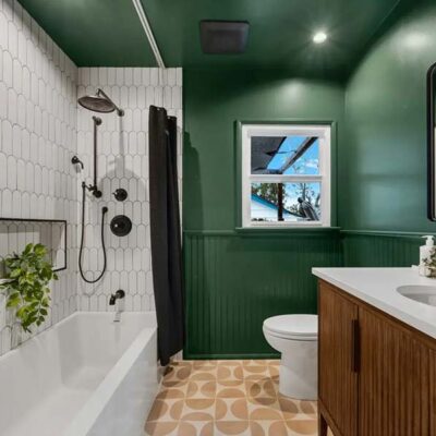 A remodeled bathroom with plants above the bathtub and hunter green walls