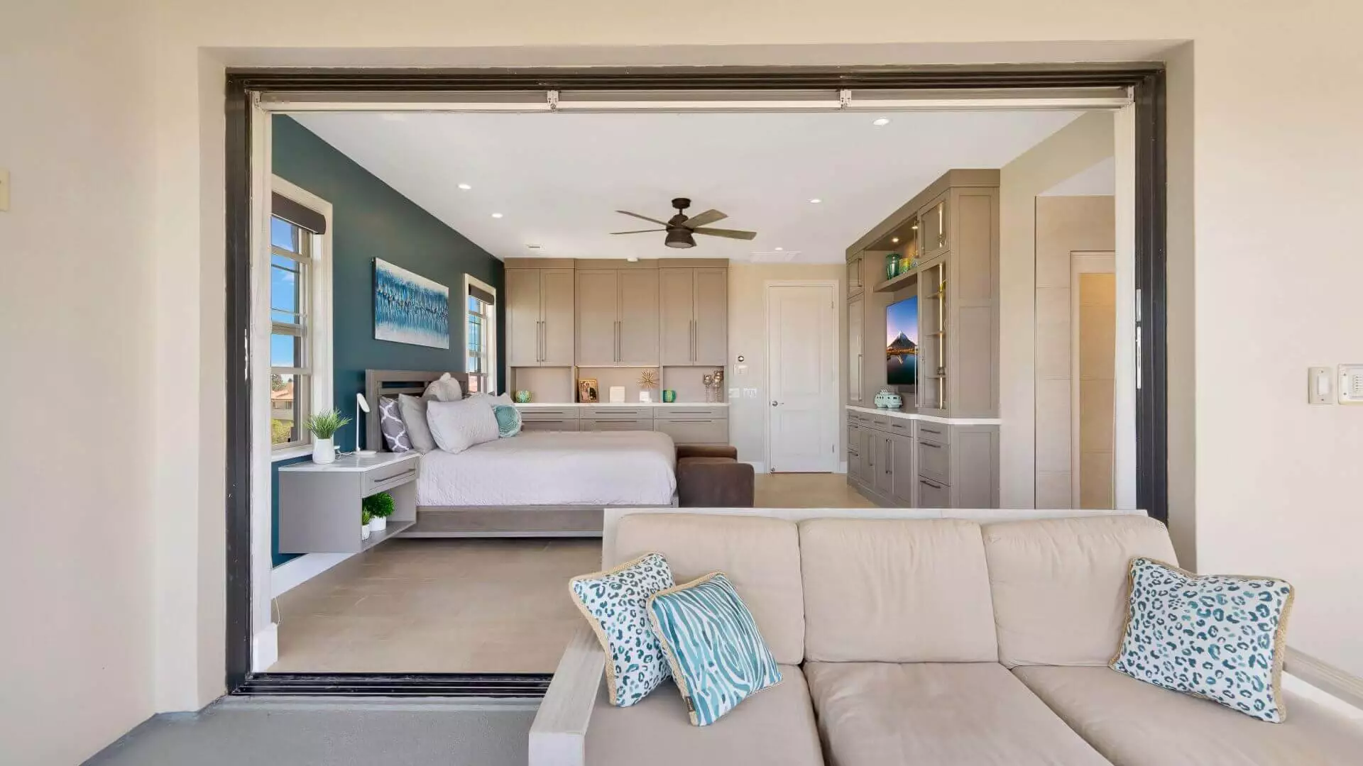 Bedroom opening to patio after a Los Angeles full home renovation