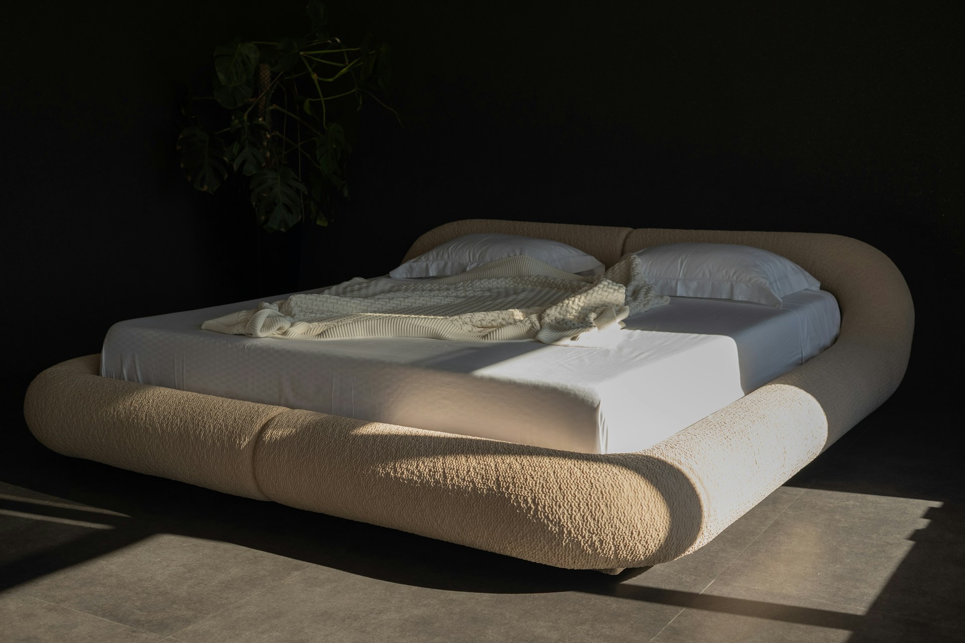 Boucle upholstery fabric bed with curved frame