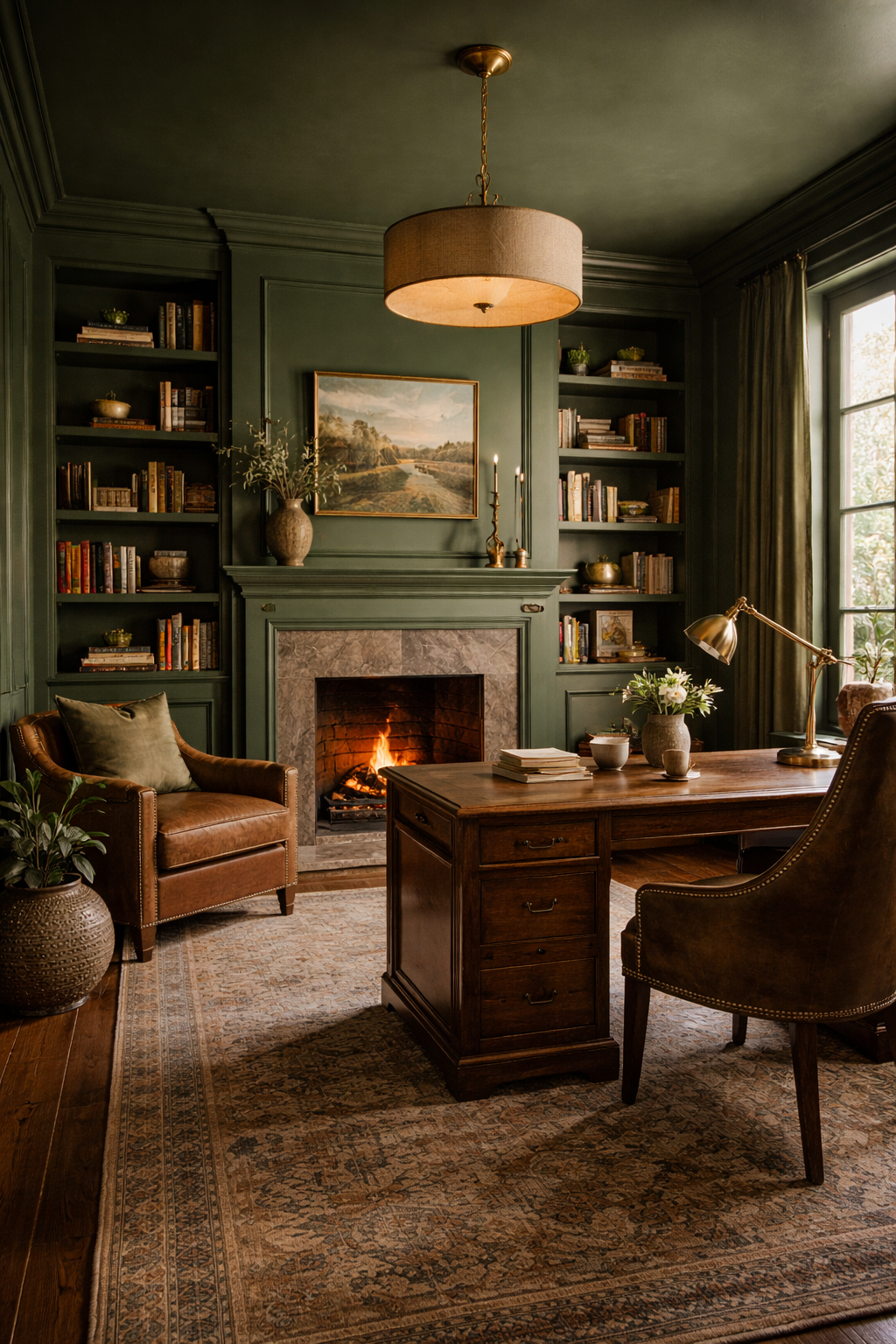 Bedroom featuring color-drenching with warm green walls, ceiling, and coordinated furnishings