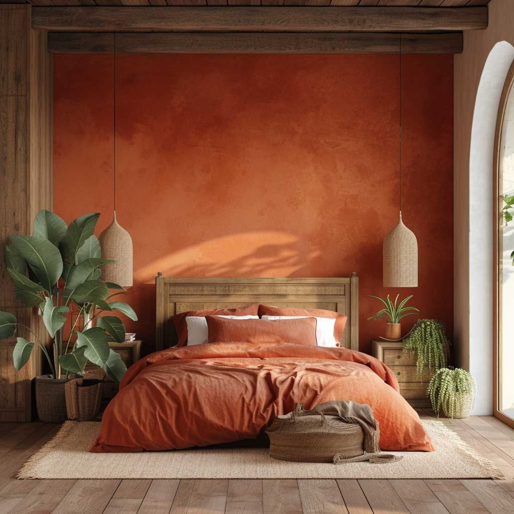 Bedroom styled with earthy tones, textured fabrics, and layered dark orange furnishings