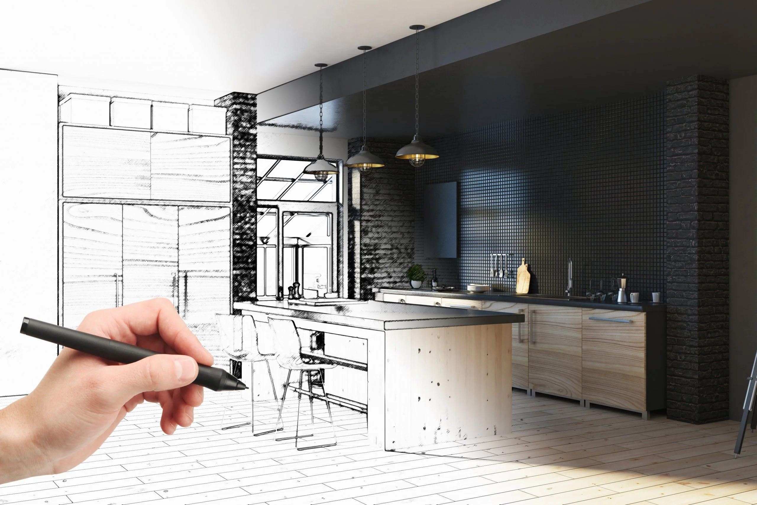 A sketch of a home remodel fading into a real picture.