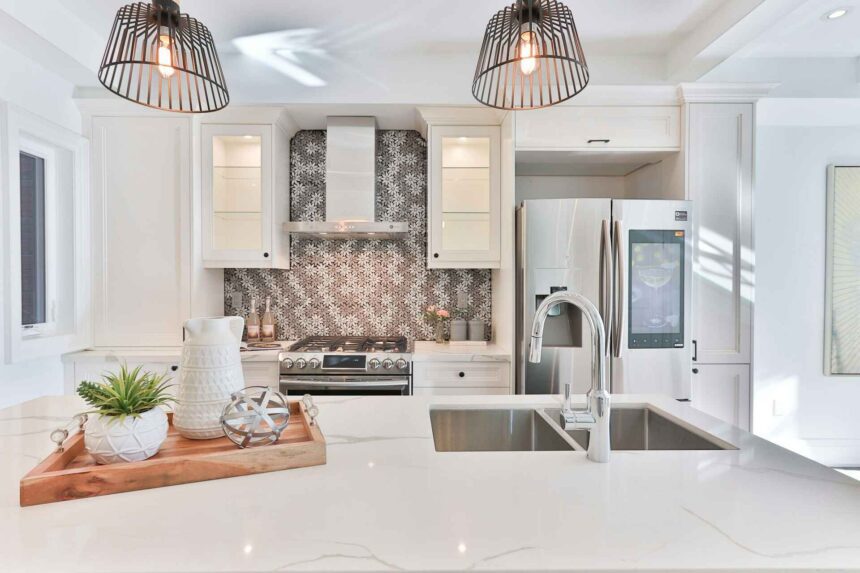 kitchen with a smart refrigerator and tiled backsplash