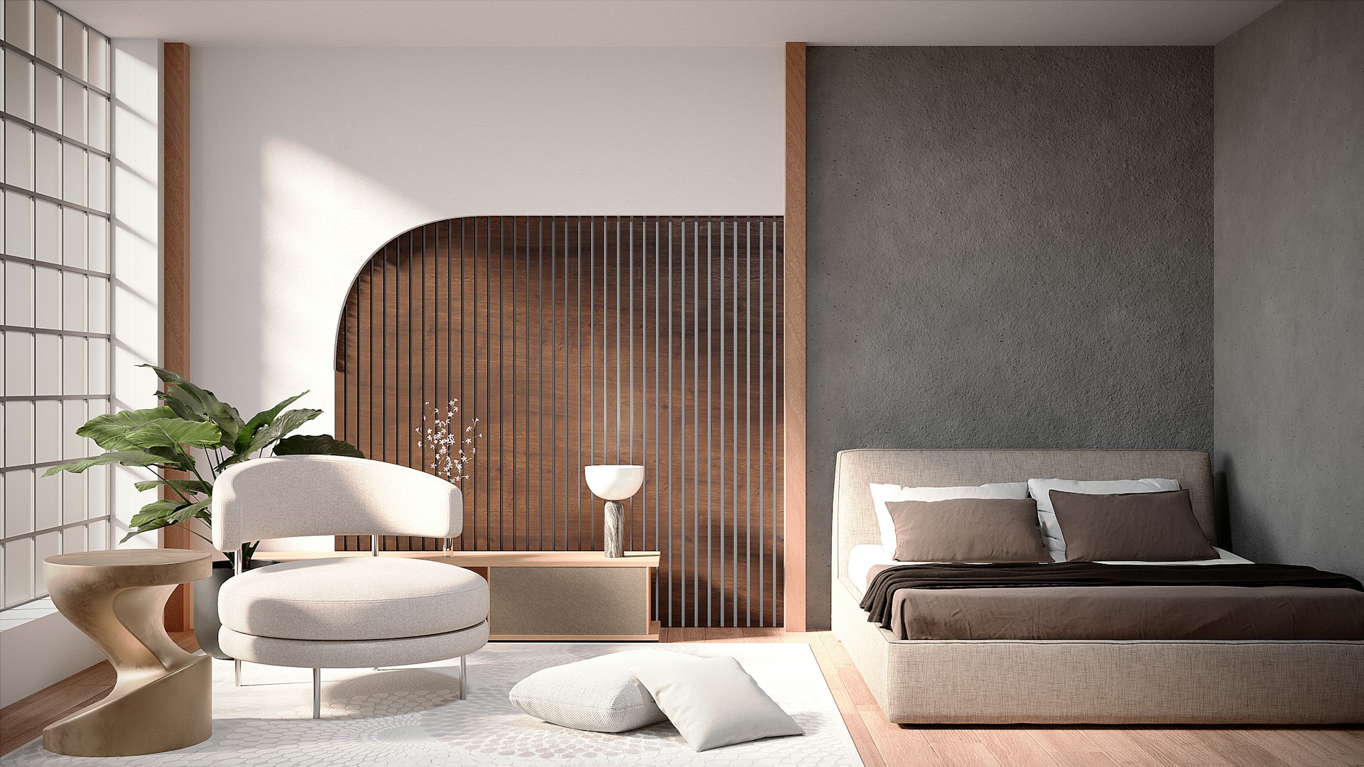 Well-lit, minimalist bedroom with natural materials and a large indoor plant
