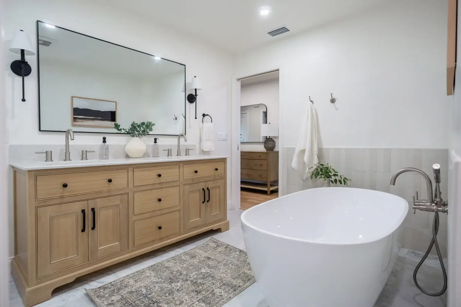 Modern bathroom remodel in Whittier, CA, with a freestanding tub