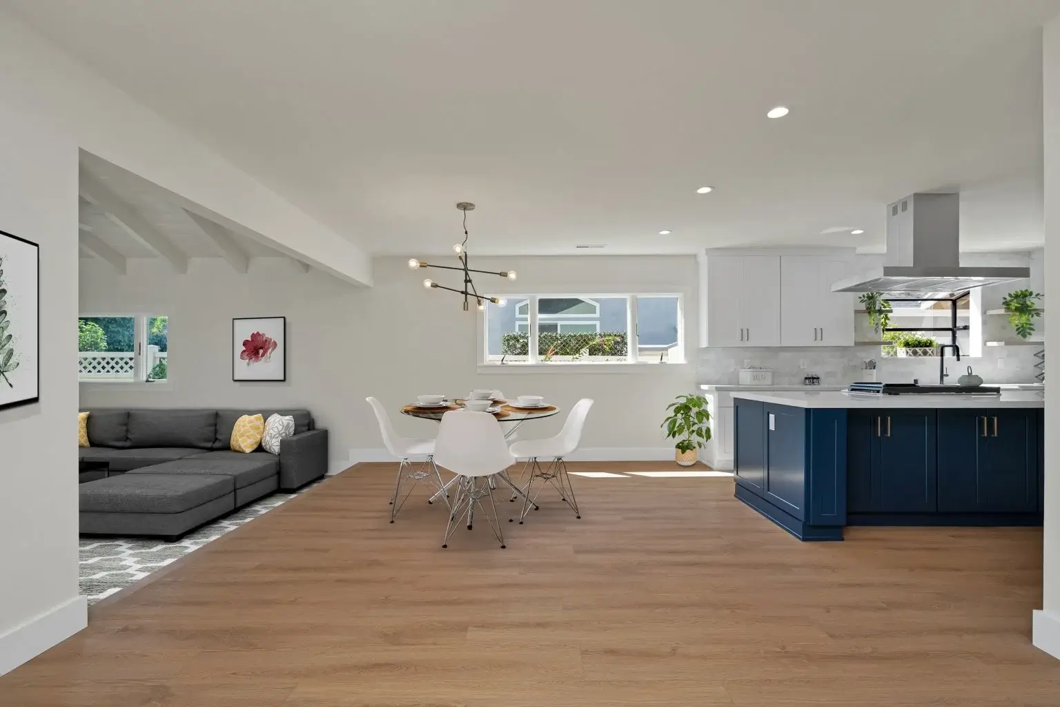 Open-concept living, dining, and kitchen space in Irvine, CA