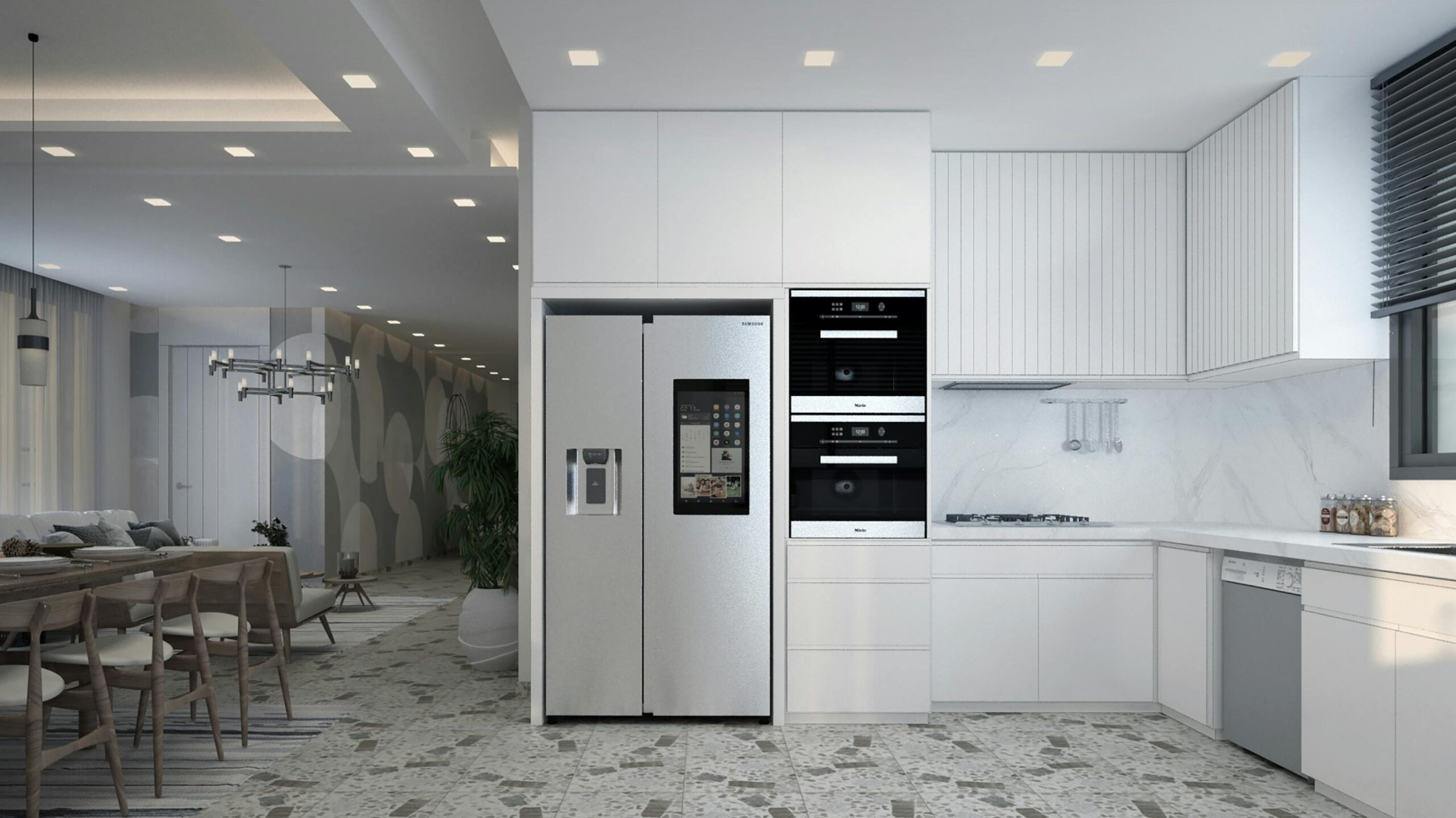 Open kitchen with a white interior, a smart fridge, and two smart ovens